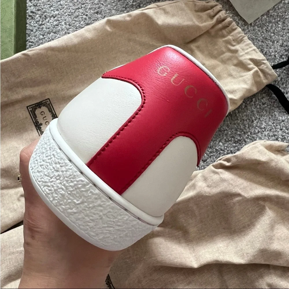 Gucci Men's White Leather Sneakers with Blue Bee Embroidery